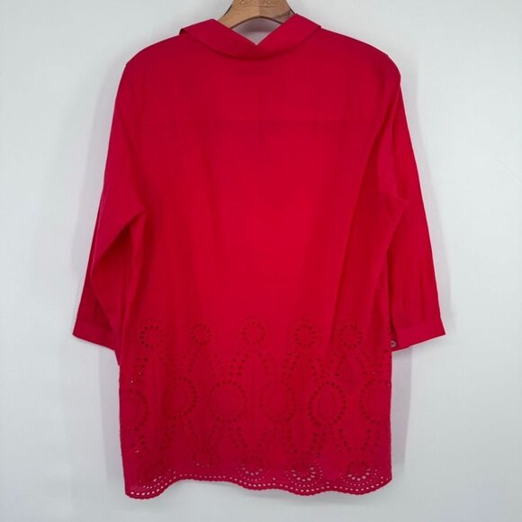 Foxcroft Red Tunic Top embroidered Eyelet Hem Size 10 Cotton popover - Picture 9 of 13